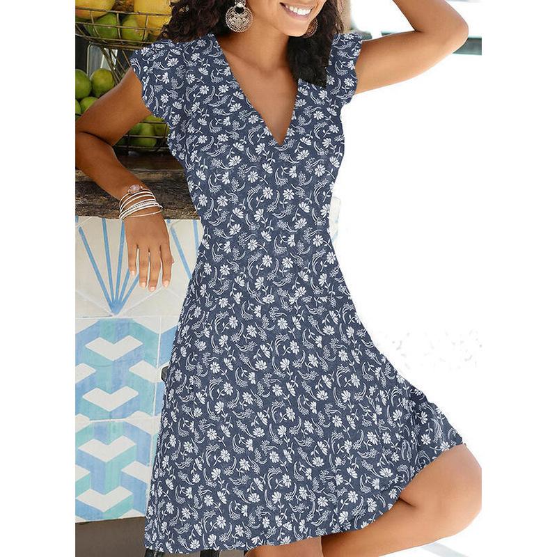 Slim pullover women's dress short sleeve floral dresses