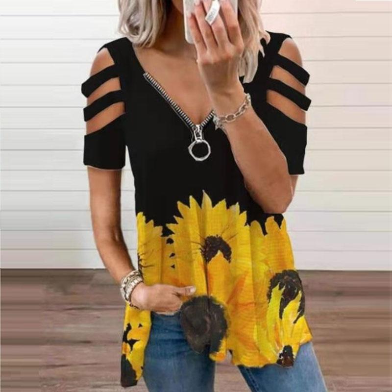 Ladies Colorblock Zip Front Cutout Sleeve Print T-shirt