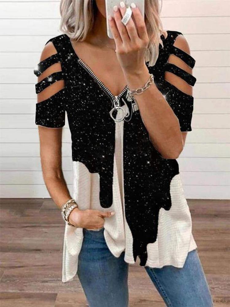 Colorblock Zip Front Cutout Sleeve T-shirt