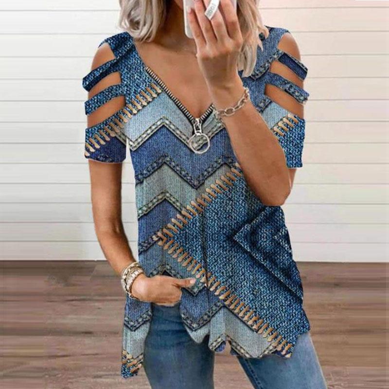 Ladies Colorblock Zip Front Cutout Sleeve Print T-shirt