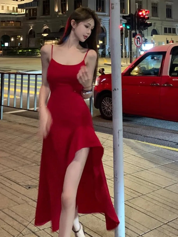 Sexy Red Sleeveless High Split Dress Women Solid Spaghetti Strap Korean Chic Evening Party One Piece Vestidos Clothing