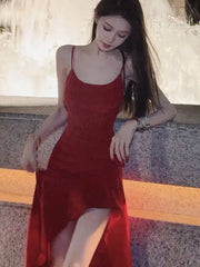 Sexy Red Sleeveless High Split Dress Women Solid Spaghetti Strap Korean Chic Evening Party One Piece Vestidos Clothing