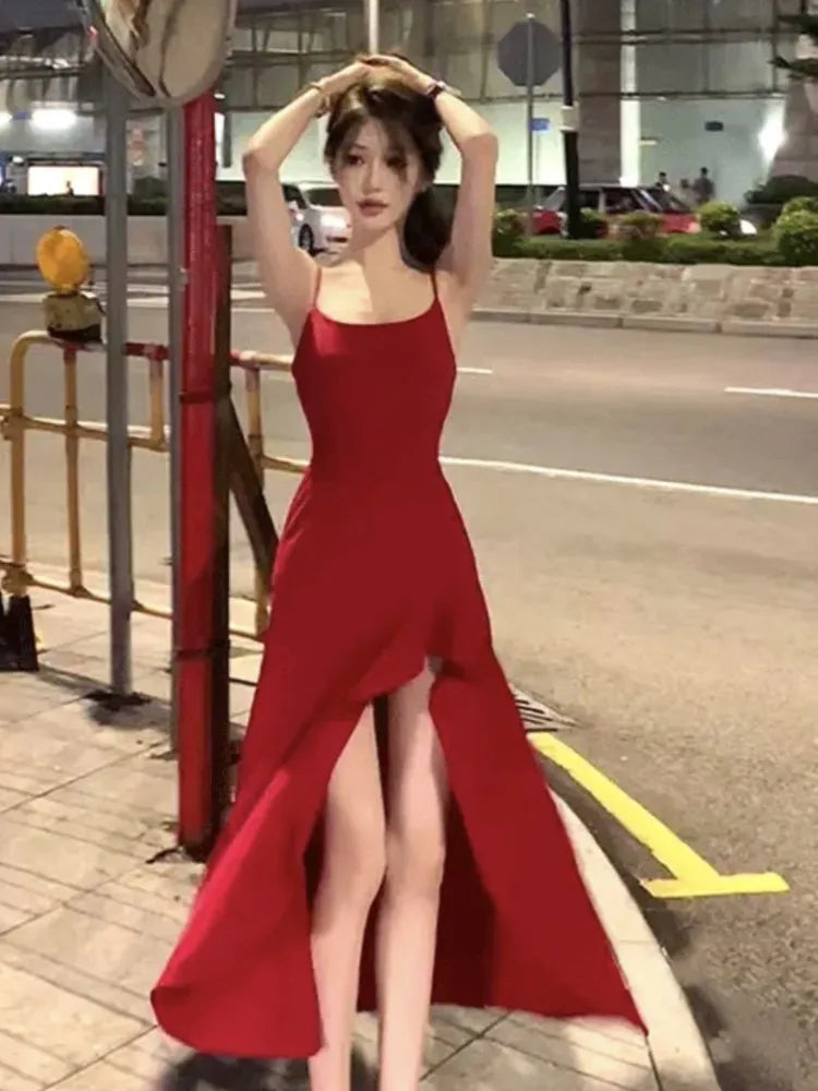 Sexy Red Sleeveless High Split Dress Women Solid Spaghetti Strap Korean Chic Evening Party One Piece Vestidos Clothing