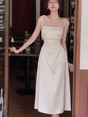 Sexy Spaghetti Strap Satin Midi Dress Women Hollow Out Slim Waist Summer Elegant Vintage Prom Roe One Piece Vestidos Mujer New