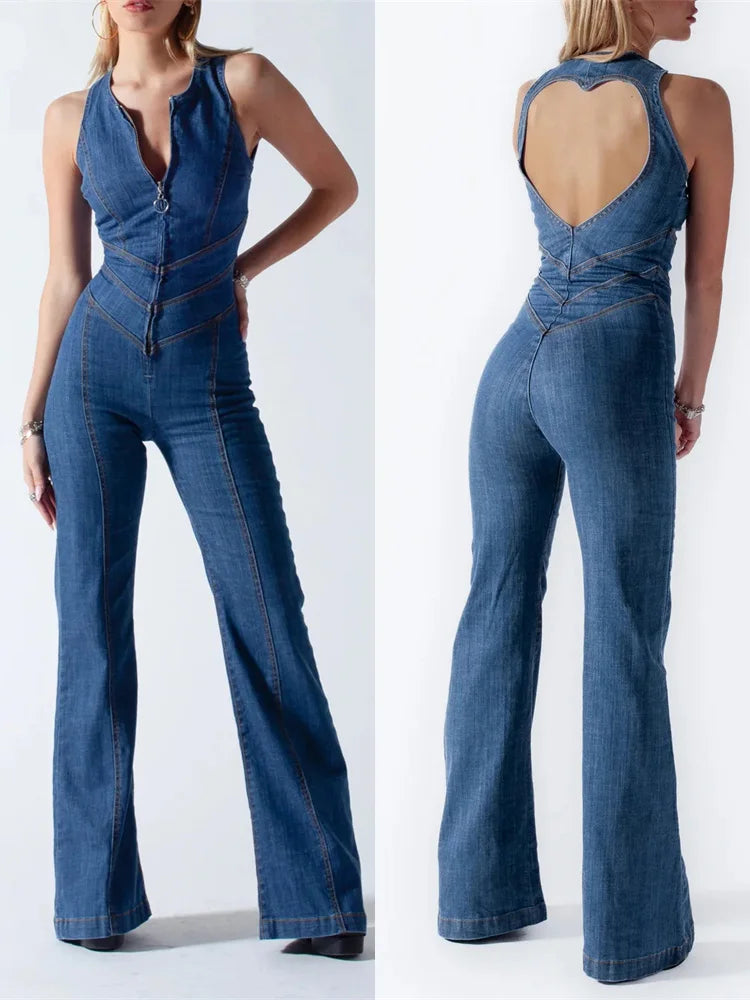 TARUXY Backless Heart Cutout Bodycon Jumpsuit For Women Casual Sleeveless Slim One-Piece Outfits Retro Denim Jumpsuits New 2023