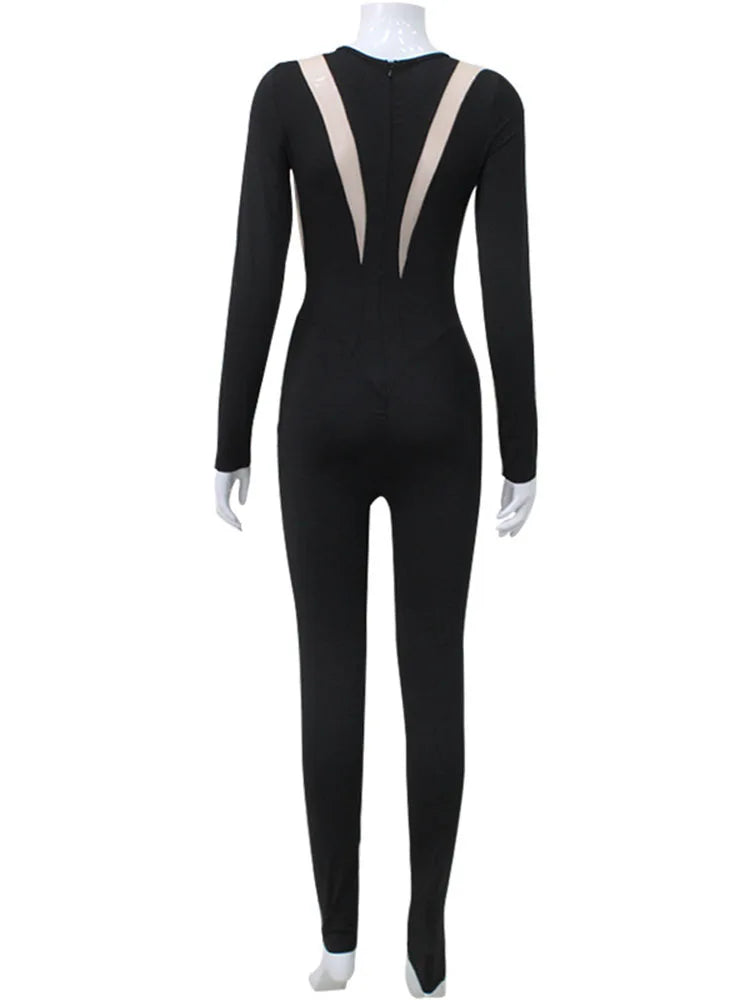 TARUXY Mesh Stitching Jumpsuit Women Long Sleeve Bodycon One Piece See Through Monos Mujer Elegante Club Sexy Women’s Playsuit