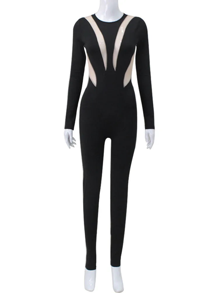 TARUXY Mesh Stitching Jumpsuit Women Long Sleeve Bodycon One Piece See Through Monos Mujer Elegante Club Sexy Women’s Playsuit