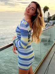 TARUXY Striped Printed Knit Dress Cover Ups For Women Long Sleeve Loose Knitted Beach Swimwear Cover Ups Dress Backless Knitwear