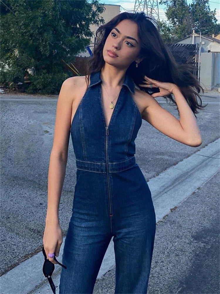 TARUXY Y2k Denim Jumpsuit Women 2023 New V-Neck Sleeveless Slim Bodycon Jumpsuits Overalls Streetwear One Piece Outfits Jeans