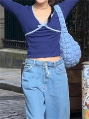 Tossy Contrast V-Neck Tee Bow T-shirt Pullover Cropped Y2k Top Summer Elegant Long Sleeve Female Crop top Tee Cute T-Shirts New