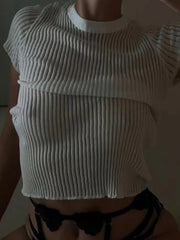 Tossy Fashion Striped Knit Pullover For Women Short Sleeve See Through Skinny T-Shirts Outfits Elegant Sheer White Y2k Top Tees