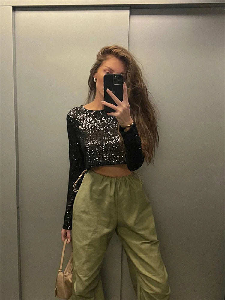 Tossy Glitter Pailletten Crop Top Weibliche Langarm Mode Sexy Outfit T-Shirt Feste Beiläufige High Street Sparkle Für Frauen Y2k Top 