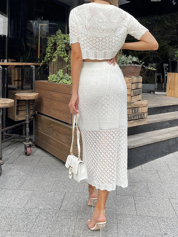 Tossy Knitted White Short Sleeve T-shirt Skirt Set Hollow See Through High Waisted Sexy Slim Fit Hip Wrap Two Piece Sets Women