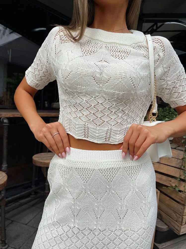 Tossy Knitted White Short Sleeve T-shirt Skirt Set Hollow See Through High Waisted Sexy Slim Fit Hip Wrap Two Piece Sets Women