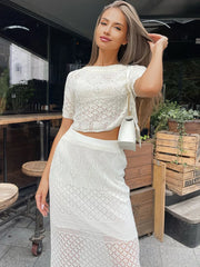 Tossy Knitted White Short Sleeve T-shirt Skirt Set Hollow See Through High Waisted Sexy Slim Fit Hip Wrap Two Piece Sets Women