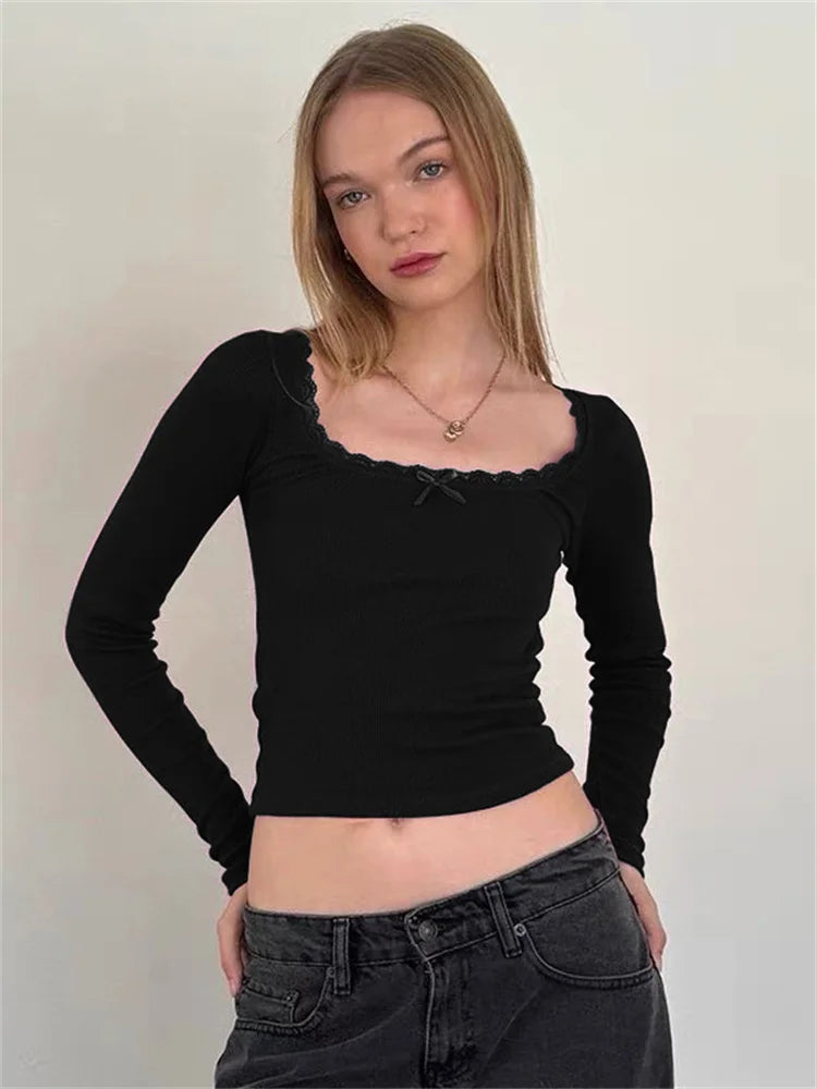 Tossy Lace Square Collar Slim T-Shirt Pullover Damen Langarm Cropped Y2k Top Solid Damen Elegant Sommer 2024 Tee Crop Top 