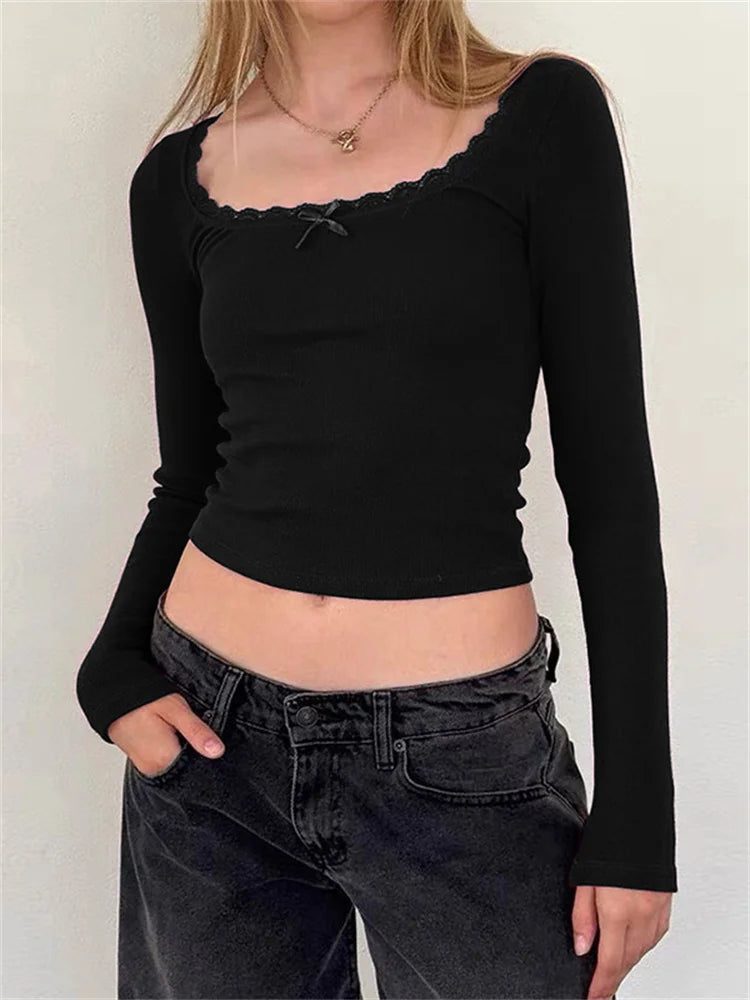 Tossy Lace Square Collar Slim T-shirt Pullover Women Long Sleeve Cropped Y2k Top Solid Ladies Elegant Summer 2024 Tee Crop top