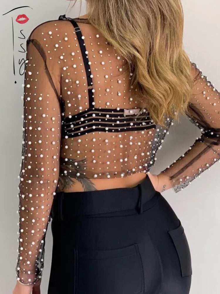 Tossy Luxury Crystal Sexy See Through Long Sleeve T-shirt Lace Night Party Club Cropped Top Lady Fashion Balck Streetwear 2022