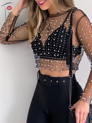 Tossy Luxury Crystal Sexy See Through Long Sleeve T-shirt Lace Night Party Club Cropped Top Lady Fashion Balck Streetwear 2022