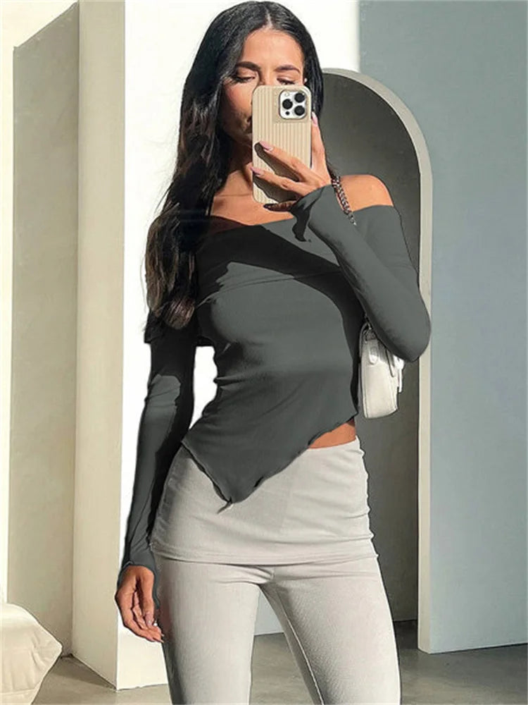 Tossy Off-Shoulder Ribbed Slim Crop Top Tee Long Sleeve Patchwork Elegant Y2K Top Solid Female T-Shirt