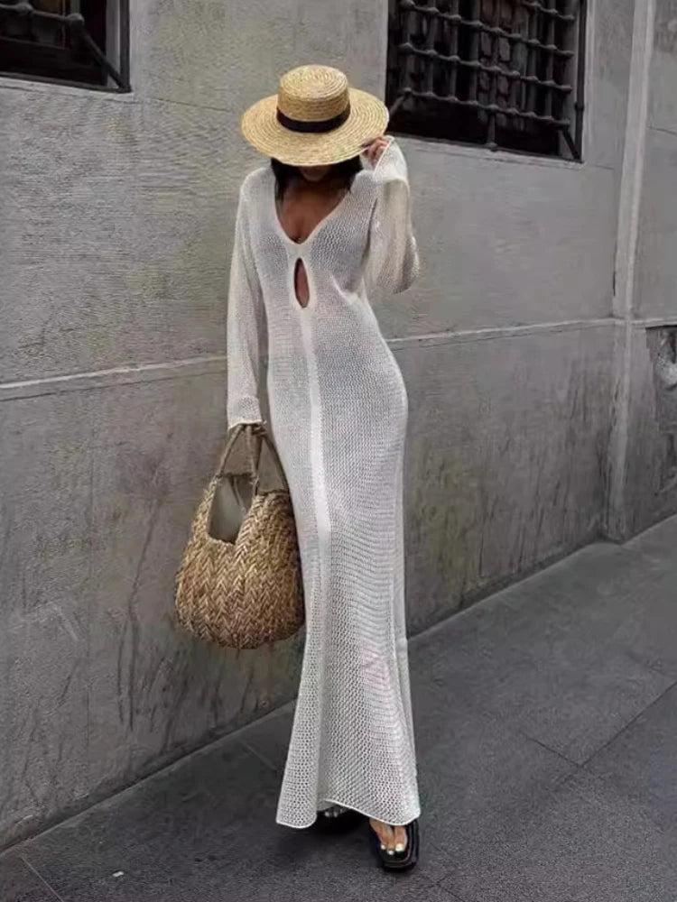 Tossy Sexy Deep V Hollow Out Maxi Cover Up Dress Women Crochet Long Sleeve Hot Girls Mesh Sheer Beach Swimwear Dresses Femme