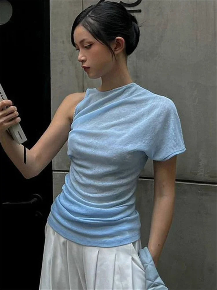 Tossy Solid Casual One-Shoulder T-shirt For Women Patchwork Short Sleeve Pleated Fashion Summer Y2k Top Female Pullover Tee Top