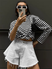 Tossy Striped Fashion Loose T-shirt Female Contrast High Street Black And White Patchwork Casual Crop top High Waist Women Tee