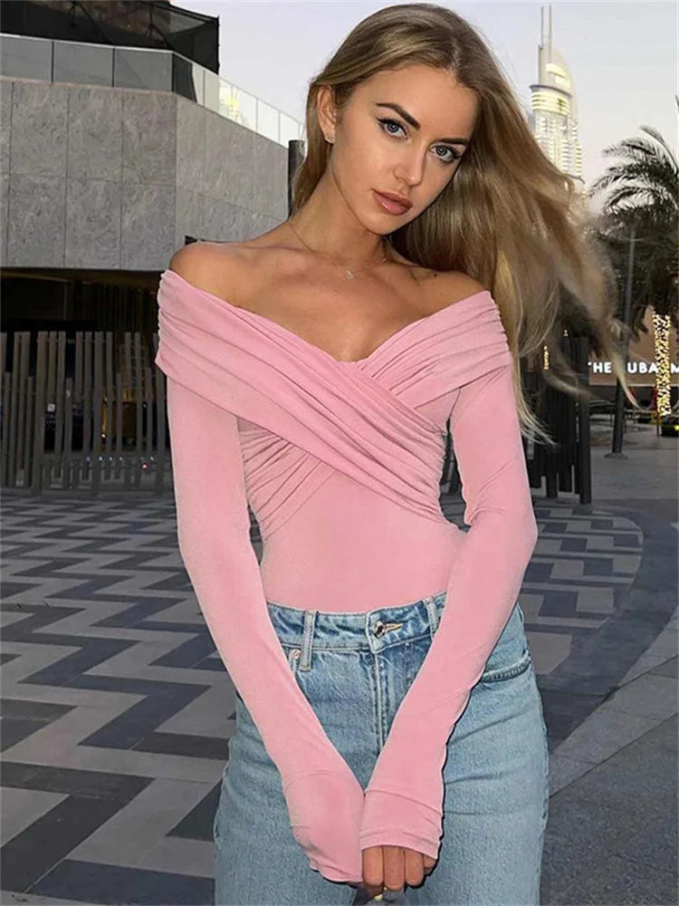 Tossy V-Ausschnitt Sommer Patchwork T-Shirt Cropped Top für Frauen Mode Mesh Langarm Sexy Off-Shoulder Female Y2k Top T 2024 