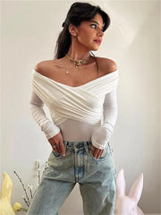 Tossy V-Neck Summer Patchwork T-shirt Cropped Top For Women Fashion Mesh Long Sleeve Sexy Off-Shoulder Female Y2k Top Tee 2024