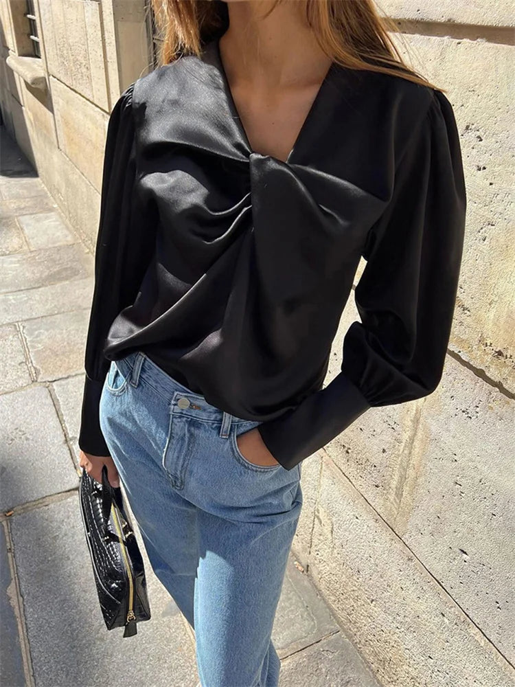 Tossy White Casual Satin Shirt Women Tee Bow Patchwork Long Sleeve Elegant Pleated Streetwear Solid Fashion T-shirt