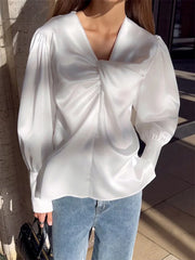 Tossy White Casual Satin Shirt Women Tee Bow Patchwork Long Sleeve Elegant Pleated Streetwear Solid Fashion T-shirt