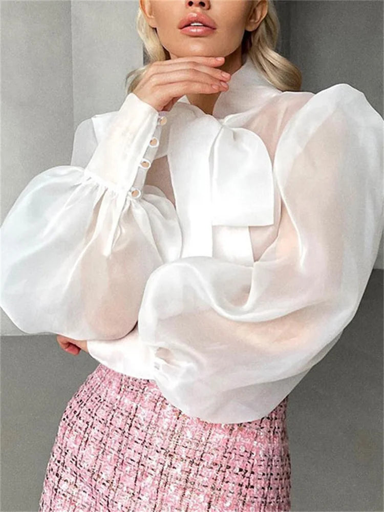 Tossy White Chiffon Top Shirts For Women Elegant Long Lantern Sleeve Mesh T-shirt See-Through Blouse Bow Sheer Ladies Shirts