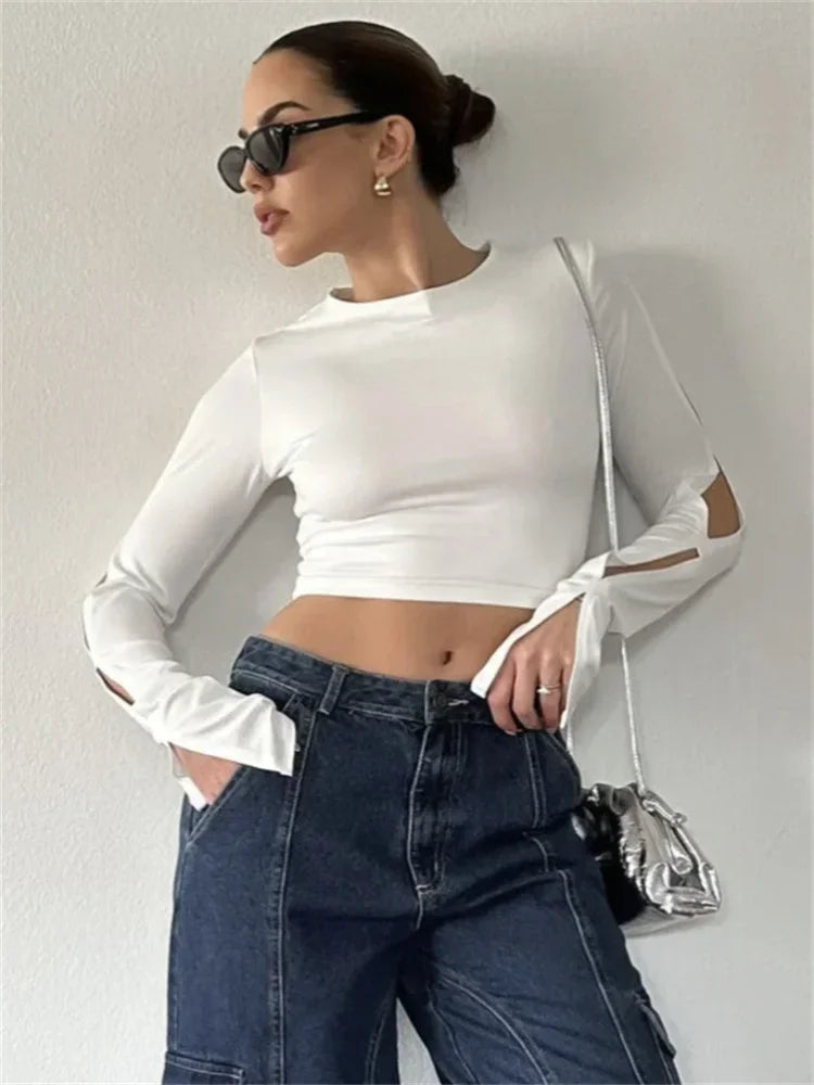 Tossy White Hollow Out Sexy T-shirt Crop top For Women Patchwork Slim High Street Pullover Long Sleeve Bodycon Female Y2k Top