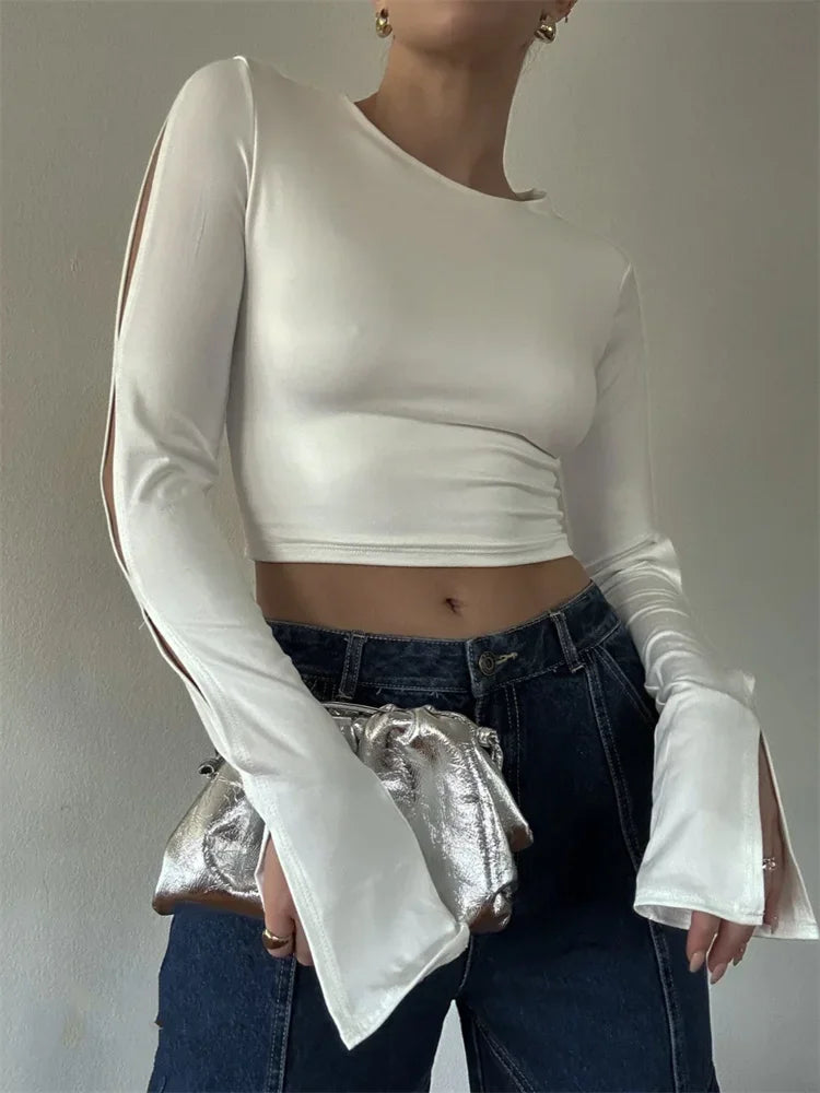 Tossy White Hollow Out Sexy T-shirt Crop top For Women Patchwork Slim High Street Pullover Long Sleeve Bodycon Female Y2k Top