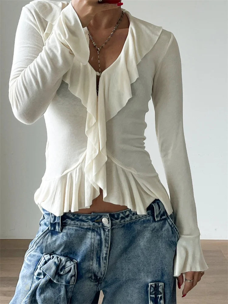 Tossy White Ruffled Fashion T-shirt For Women V-Neck Long Sleeve See-Through Patchwork Slim Top Cropped Casual Y2k Top Tee 2024