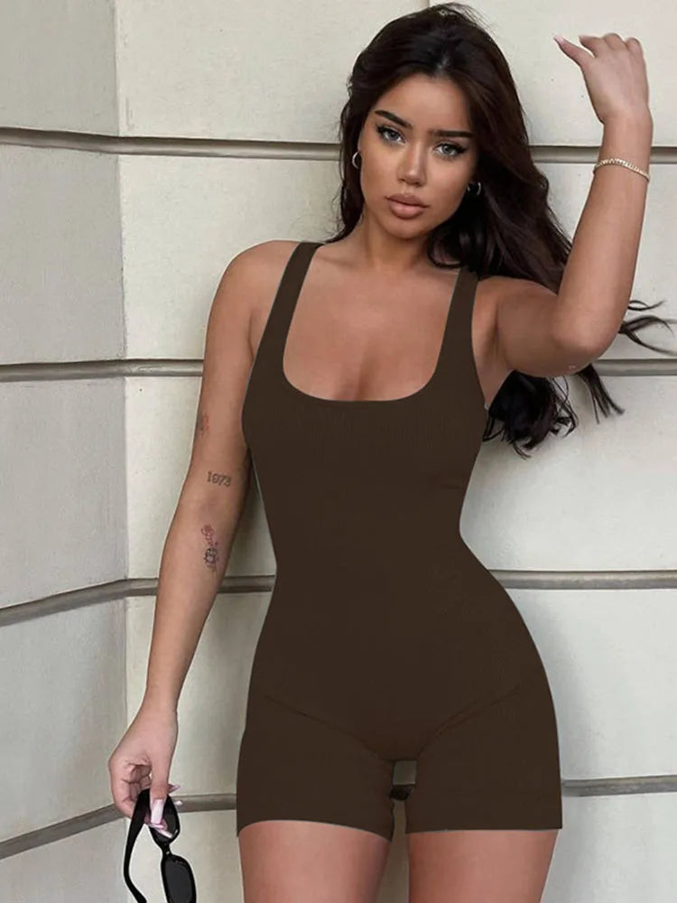 Frauen Mode Gerippte Solide Ärmellose Träger Sexy Einem Stück Overall 2024 Sommer Casual Streetwear Sport Strampler 