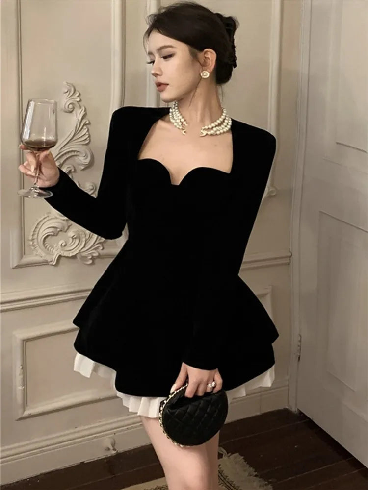 Y2K Velvet Prom Short Dresses for Women Long Sleeve A-line Evening Party Dress Autumn Spring Elegant One Piece Vestido Mujer New