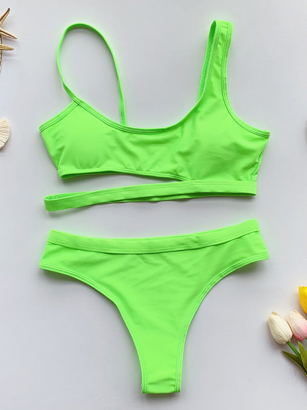 Solid Color Asymmetric Cropped Split Bikini Swimsuit