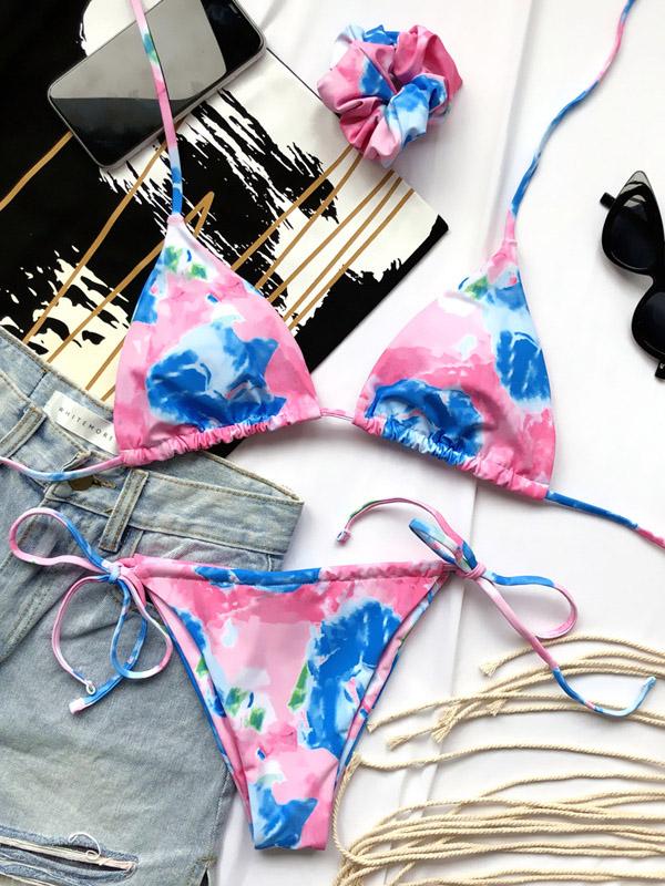 Tie-Dyed Printed Halterneck Split Bikini Swimsuit +Hair Ring