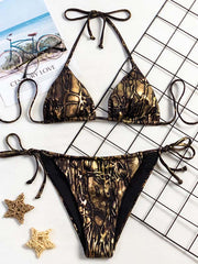 Halterneck Crocodile-Print Triangles Tie Side Bikini Swimwear