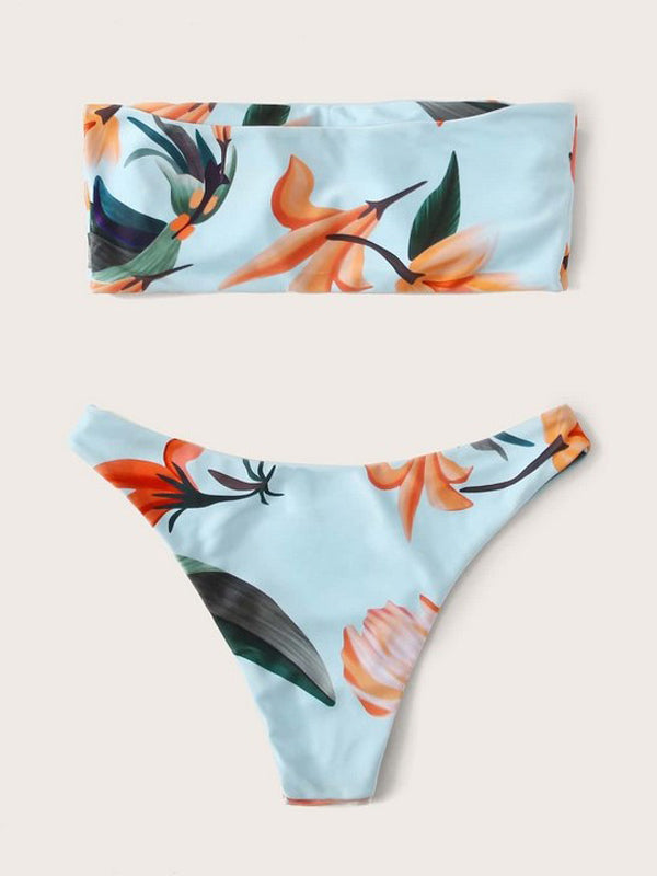 Floral-Print Bandeau Split Bikini Swimsuit