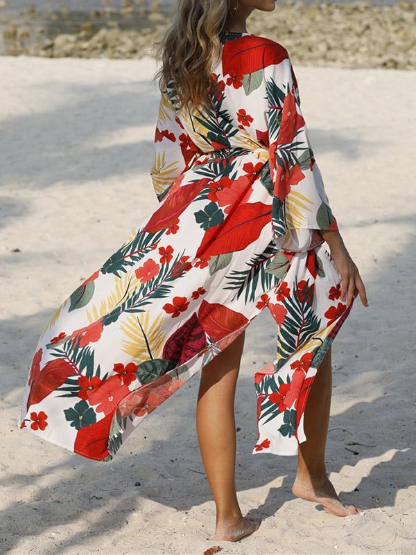 Floral-Print Belted Long Sleeve Tunicshang Cover-Ups