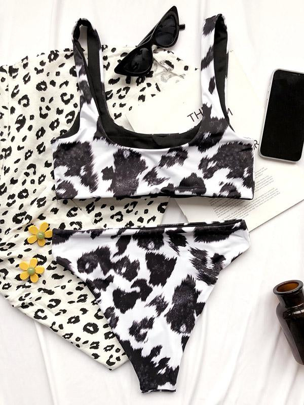 Cow Pattern U-Neck Split Bikini Swimsuit