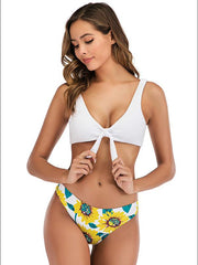 Color-Block Floral-Print Knotted Split Bikini Swimsuit