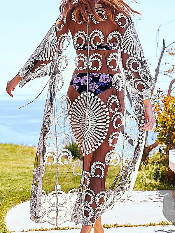 Half-Sleeve Embroidered See-Through Cardigan Cover-Up Swimwear