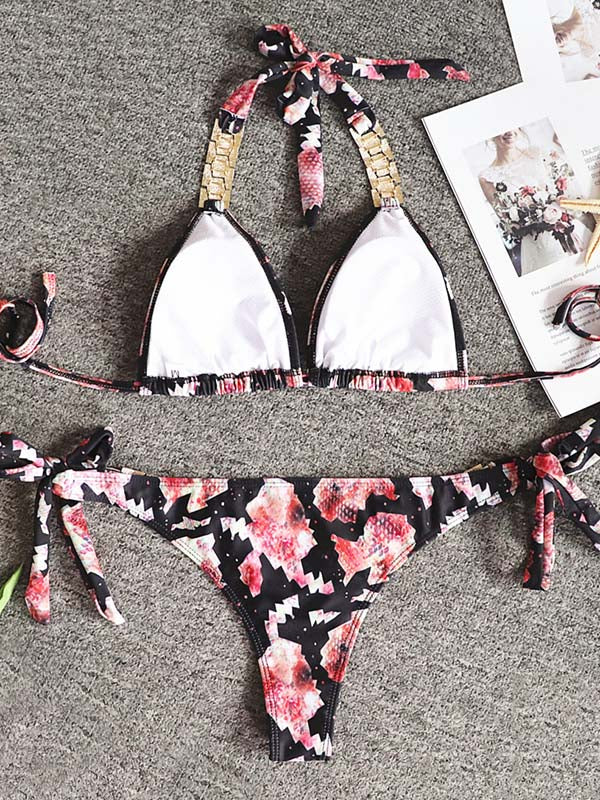 Sexy Snake-Print Embellished Halterneck Split Bikini Swimsuit