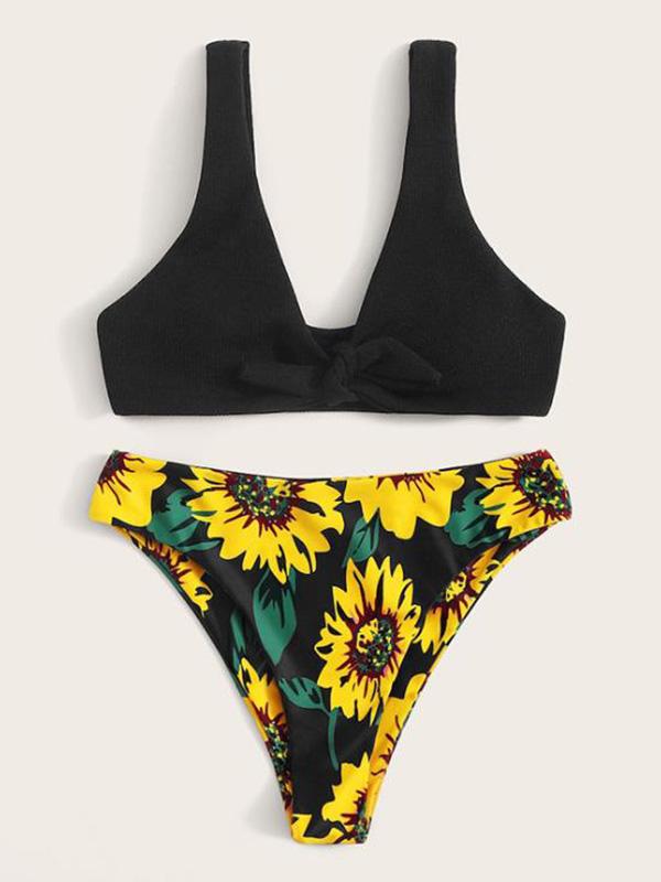 Color-Block Floral-Print Knotted Split Bikini Swimsuit