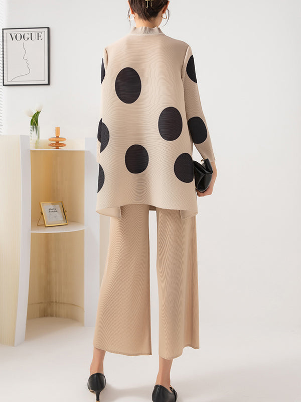 Long Sleeves Loose Pleated Polka Dot Stand Collar Two Pieces Set