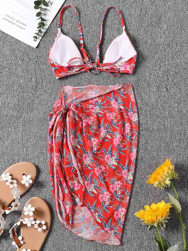 Three-Piece Floral Print Bandage Tie Side Bikini Swimwear