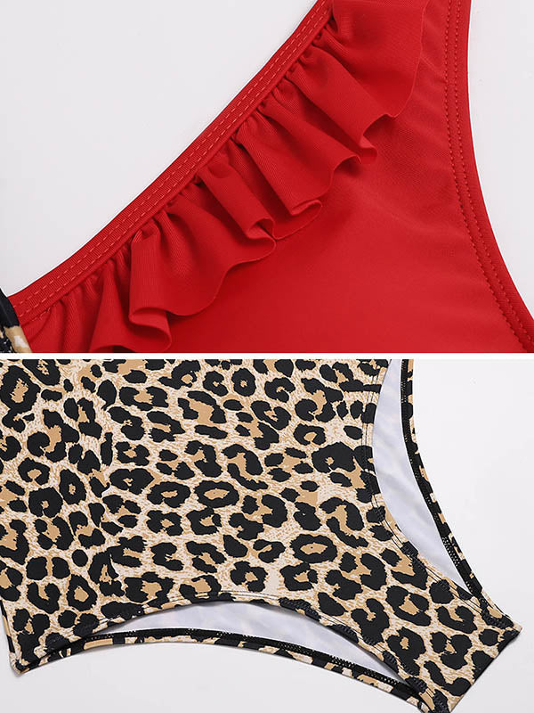 Asymmetric Split-Joint Leopard Print Backless One-Piece Swimwear